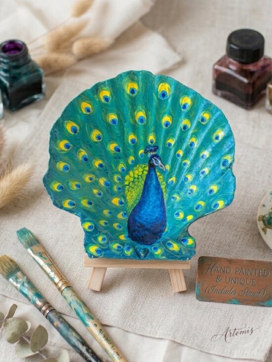 Handmade Other - Hand Painted Peacock Scallop Shell Original Acrylic Art 5"x5" + Easel Stand